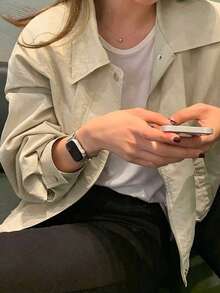 时尚纯色短款夹克女，简约格子休闲百搭飞行员夹克春秋新款上衣 - 杏色 - 查看 4