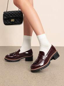 Women's Loafers Slip On Platform Chunky Penny Heeled Dressy Work Business Casual Loafers Autumn Shoes - 酒紅色 - 查看 3