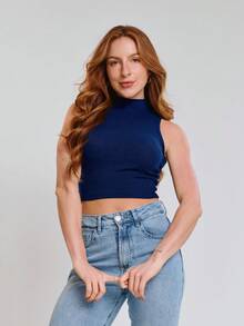 Kit With 3 Cropped High Neck Ribbed Women's Blogger Blouses - xanh lá cây/nude/xanh nước biển - Xem 4