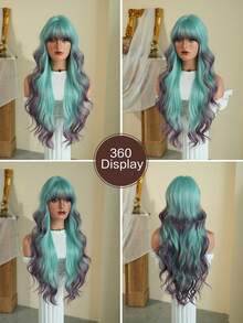 NAMM 30 英寸绿色渐变紫色波浪假发，宽松长卷发，带刘海，高品质耐热纤维合成长卷发假发，适合时尚女性和女孩派对角色扮演使用 - 綠色 - 查看 5