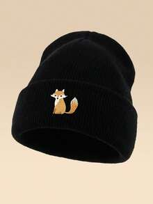 1pc Unisex Cartoon Fox Embroidery Beanie, Elastic Warm Casual Outdoor Fashion Knit Hat, Versatile Thin Style Suitable For Daily Wear, Gift Autumn Outfits - A - View 2