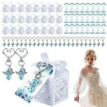 Zestaw upominkowy na chrzest 48 szt./144 szt./24 szt./72 szt., brelok z aniołem stróżem w pudełku prezentowym, w tym 48 uroczych breloków z aniołami, 48 pudełek prezentowych i 48 kartek z podziękowaniami, kryształowy wiszący brelok, odpowiedni na chrzest, wieczór panieński, wesele, przyjęcie urodzinowe - niebieski/różowy - Wielokolorowe - Zobacz 11