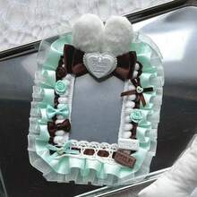 1个全新薄荷绿蕾丝照片卡套，8种颜色可选（粉色、绿色、蓝色、黄色），手工圆形徽章展示架，适用于2D角色、偶像周边、卡通动漫游戏，透明亚克力徽章夹装饰，适合洛丽塔风格 - 綠色 - 查看 4