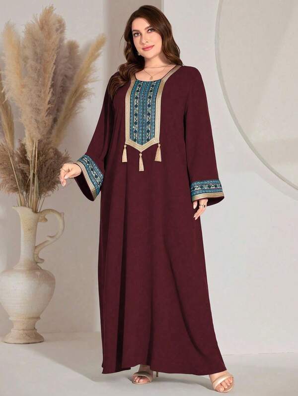 Plus Size Women's Elegant Geometric Webbing Patchwork Tassel Decor Arabic Style Dress, Spring/Summer