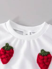 Conjunto de sudadera de cuello redondo de manga larga con estampado gráfico de fresa de gofre + pantalones acampanados de color liso acanalado para niñas, otoño/invierno - Blanco - Ver 3