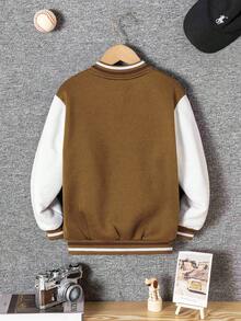 Young Boy Casual Stylish Letter Embroidery & Print Contrast Collar & Cuff Long Sleeve Hoodie Sweatshirt