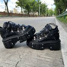 Gothic Punk Style Women And Men Platform Sneakers Black Vintage Metal Decorations Lace-Up Rock Ankle Boots Shoes - 黑色 - 查看 9