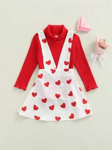 2 Pcs Infant Valentines Day Outfits, Girls Ribbed Long Sleeve High Collar Pullover + Love Print Suspender Skirt - Rojo - Ver 2