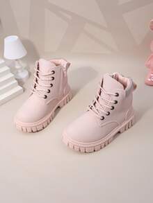 1 双粉色幼儿/儿童哑光柔软军靴，圆头，保暖厚底，前部系带，侧面拉链，经典短靴，适合男孩/女孩，休闲，学校，度假，派对，秋冬 - 粉色 - 查看 8