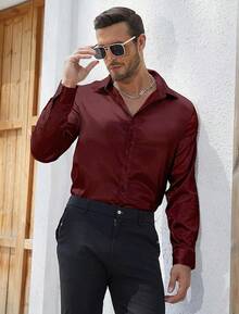 Mens Silk Satin Shirts Long Sleeve Button Down Loose Fit Dress Shirt Luxury Party Prom Wedding Shirtshalloween - 酒紅色 - 查看 10
