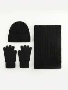 3 件套男士简约纯色条纹针织帽、围巾、露指手套套装，柔软保暖内衬，保暖防风，适合秋冬户外、运动、休闲蓬松 - 彩色 - 查看 11