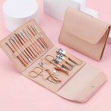 Set Of 16 Premium Stainless Steel Manicure And Pedicure Tools - Modern Style Nail Scissors Set With Straight Edge Nail File, Ear Pick, Scissors - Professional Travel Beauty Care Tools - Pink - View 2