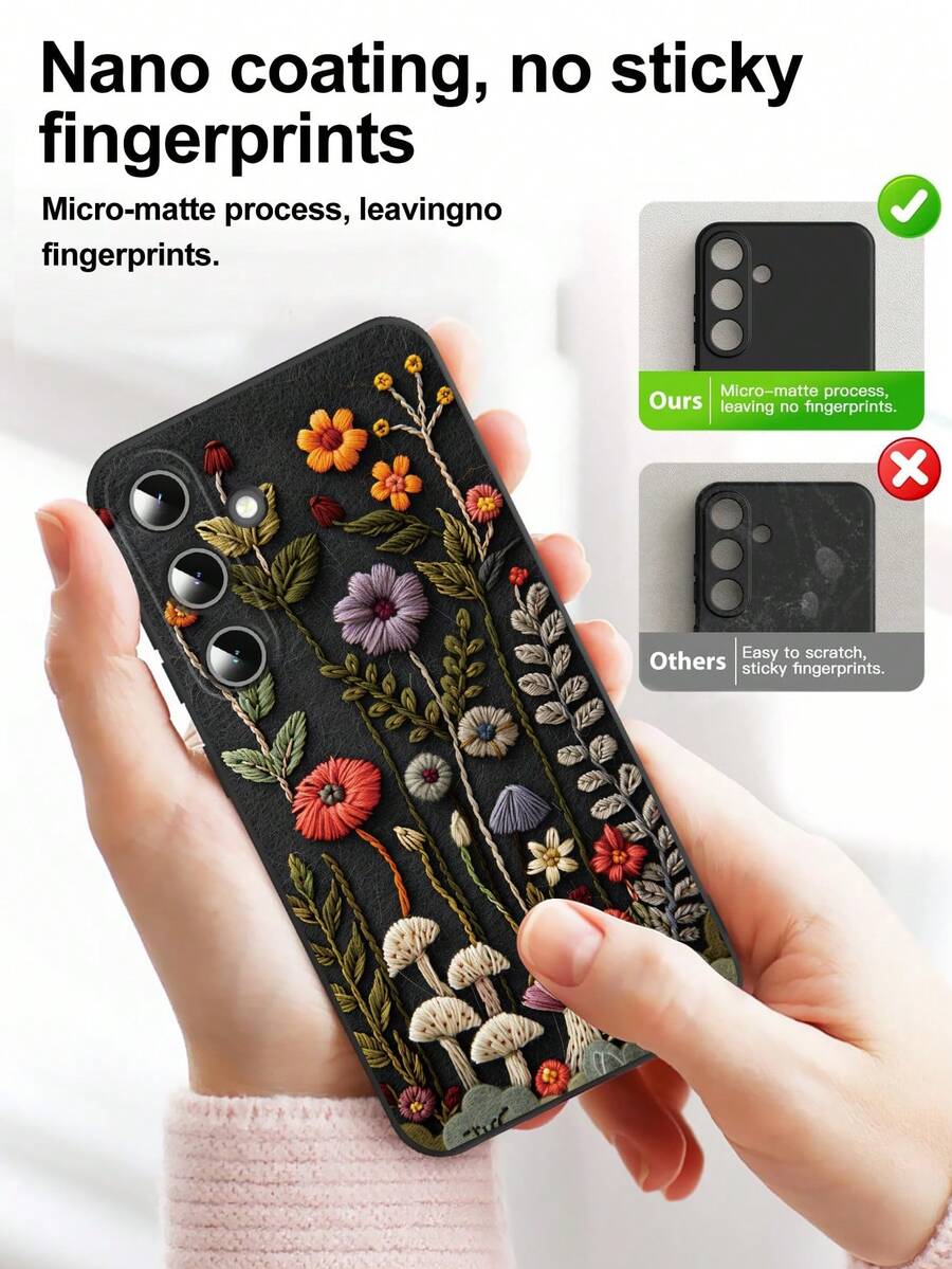 1 ốp lưng điện thoại màu đen in họa tiết giả thêu, tương thích với iPhone 16 Pro Max/16 Plus/16 Pro/16/16e, A54/A55/A53, S24/S24fe/S24 Plus/S24 Ultra, S25/S25 Plus/S25 Ultra, không phải họa tiết 3D.