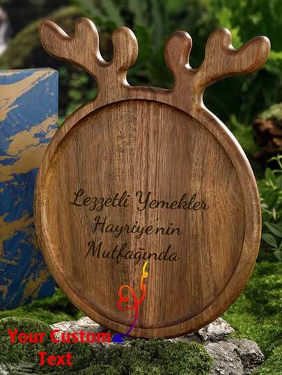 Bandeja de madera con asas con cuernos de reno y logotipo de texto personalizado, plato redondo para exhibir queso, fruta, pan, chacinería - regalo ideal de cocina navideña, excelente para decoración de celebraciones de inauguración de casa y bodas, decoración navideña de renos