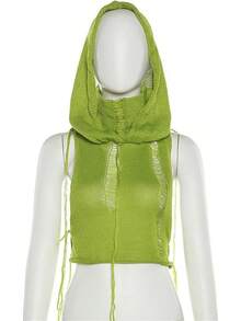 Women Knitted Hoodie Sweater Vest Sleeveless Hollow Out Hooded Crop Top Streetwear Rave Oufit - 綠色 - 查看 2