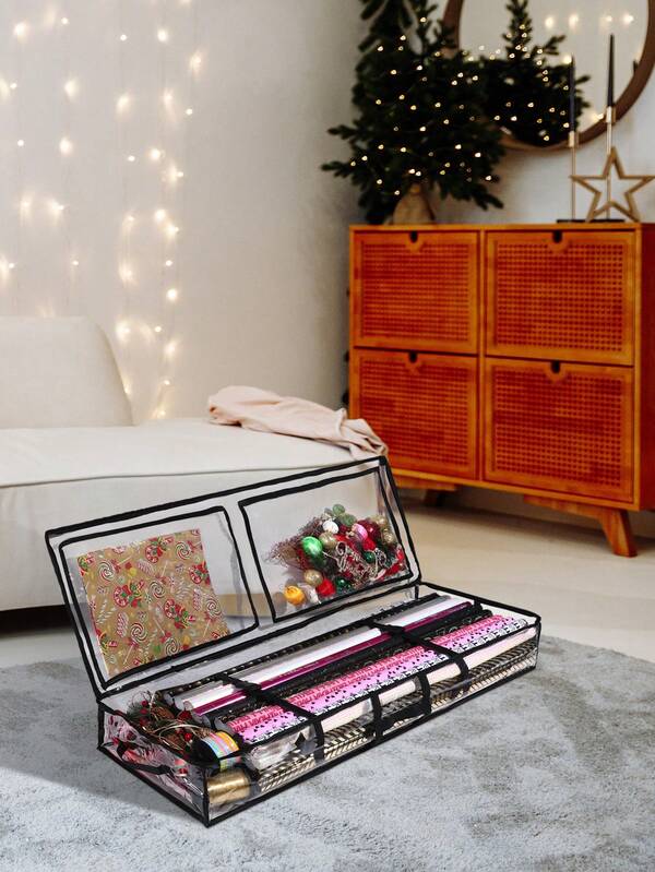 1pc Transparent Wrapping Paper Storage Bag, Gift Wrap Organizer With Handles And Zipper, Foldable Waterproof Storage Gift Bag, Black Edge Underbed Storage Bag,Clear Pvc Box Container, Holiday Wrap Paper Organizer For Thanksgiving, Christmas.