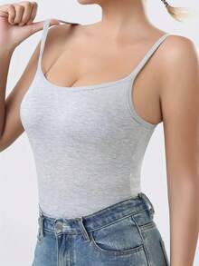 1/4-Piece Women's Built-In Bra Tank Top - Seamless Long-Sleeve Top, Soft And Stretchy Fabric In Solid White/Gray/Black/Beige, Versatile Strapless Layered Styling For Casual Wear, Smooth Texture Basic Style, Breathable Material, A Wardrobe Essential. - 灰色 - 查看 6
