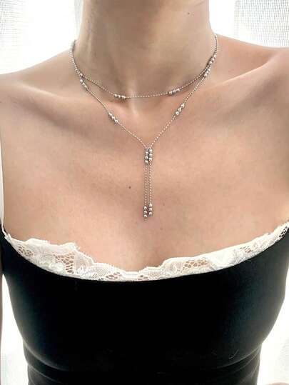 Niche Design Metal Ball Pendant Necklace, Personalized European And American Style Double-Layer Minimalist Clavicle Chain For Women