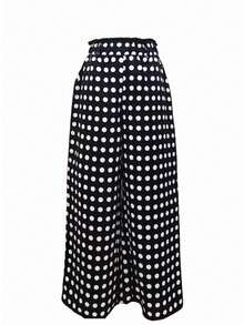 黑色波点高腰宽松飘逸长裤，女士款，配腰带，适合度假穿着。 - 黑與白 - 查看 3