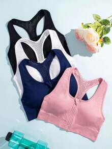 4pcs color sólido cremallera frontal modelo sexy mostrar pechos hueco hacia fuera transpirable espalda sujetador deportivo de las señoras - Multicolor - Ver 3