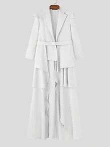 INCERUN Fashion Mens Lapel Neck Long Sleeve Ruffles Hem Blazer Casual Party Cardigan Belted Long Jacket Coat - trắng - Xem 4
