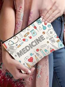 Mesh Cosmetic Bag With "MEDICINE" , Portable Storage Bag, Makeup Bag, Skincare Bag, Travel Essentials,Makeup Bag Medicine Bag Medicine Organizer Medicine Storage Bag For Travel For Outdoor First Aid Bag