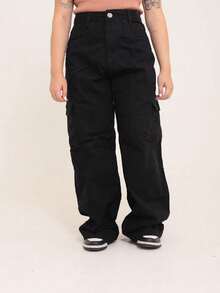 Wide Leg Cargo Jeans - Dark Grey - View 1
