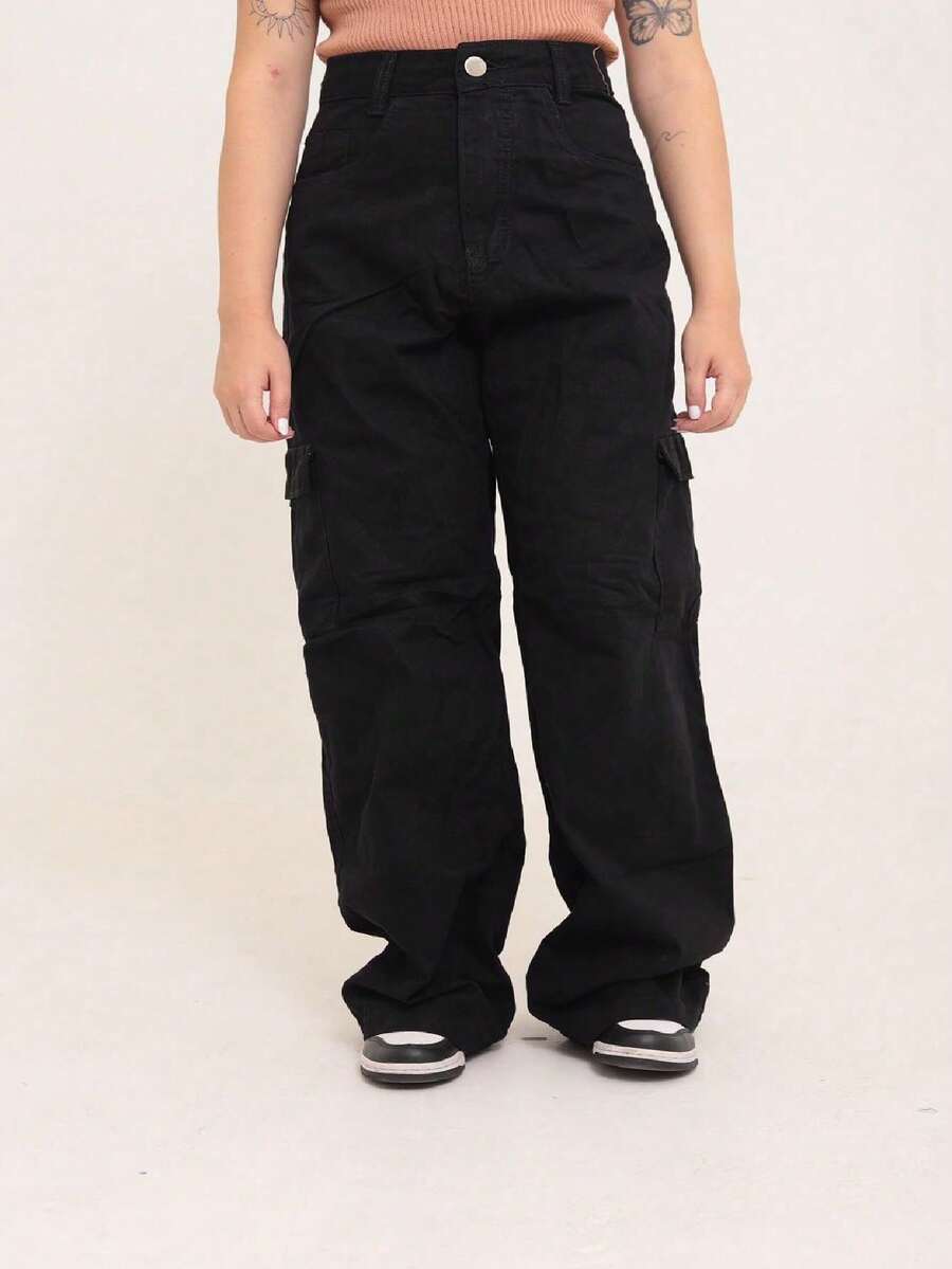 Wide Leg Cargo Jeans - Dark Grey - View 1
