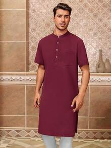 Mens Kurta Cotton Linen Henley Shirts Kaftan Short Sleeve Lounge Plain Gown Shirt-20256688 - 酒紅色 - 查看 5