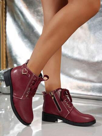 Fall/Winter 2025 Women's New Burgundy Lace-Up Side Zipper Heart Decor Luxurious Fashion Versatile Biker Ankle Boots, Casual Outdoor European & British Style Chunky Heel Vacation Recommended Fairy Chic French Minimalist Ankle & Short Boots