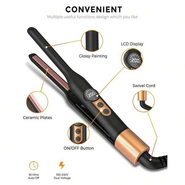 Mini Straightening Iron, LCD Temperature Display, 110-240V Dual Voltage, Suitable For All Hair Types, Portable Hair Straightener, Ideal For Travel, Black & Gold Minimalist Design