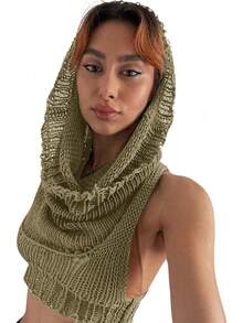 Women Knitted Hoodie Sweater Vest Sleeveless Hollow Out Hooded Crop Top Streetwear Rave Oufit - 橄欖綠 - 查看 1