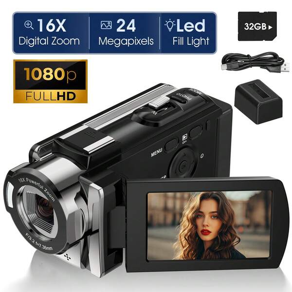 STUOGYUM Cámara de video digital STUOGYUM Vlogging, grabadora de video portátil HD 1080P 24MP con pantalla LED giratoria de 270° de 3 pulgadas, tarjeta de memoria de 32GB, zoom 16x, cámara de video angular portátil para viajes, fiestas, grabación al aire libre y regalo de vacaciones (negro)