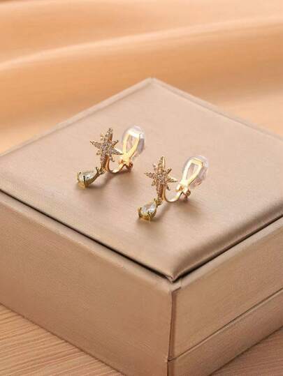 1 对时尚锆石吊坠泪滴铜夹式耳环，适合女士佩戴，优雅夹式耳环，适合日常佩戴，节日礼物