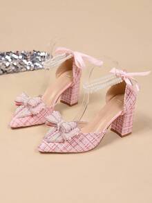 2025秋冬优雅白色仿珍珠蝴蝶结尖头粗跟鞋 - 时尚别致，适合特殊场合、优雅场合、女士高跟鞋、派对装、婚礼装 - 粉色 - 查看 6