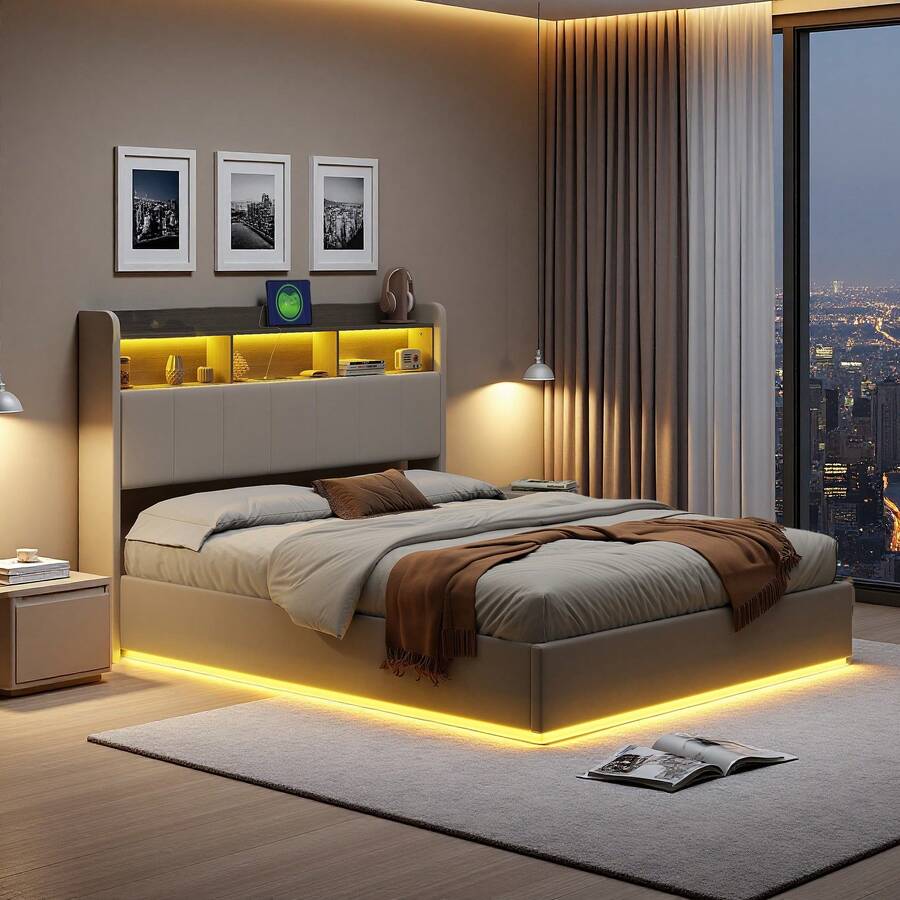 Doppelbett Polsterbett, Doppelbett mit Stauraum und Lattenrost, Bett mit Stauraum, Bettgestell, Hydraulischem Stauraum, hohem Kopfteil, Ladestation, modern, Samt