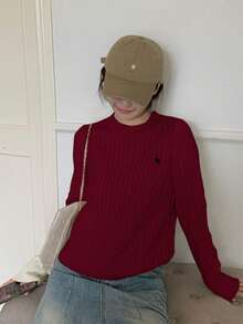 韩版优雅纹理圆领女式长袖刺绣套头毛衣