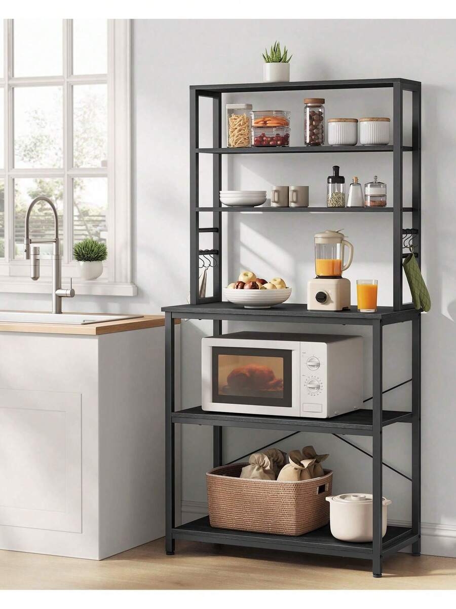 VASAGLE Küchenregal, Standregal, Mikrowellen-Regal, stehend, 6 Ablagen, 6 Haken, Stahlrahmen, Industrie-Design, 40 x 80 x 167 cm - Schwarz - Übersicht 1