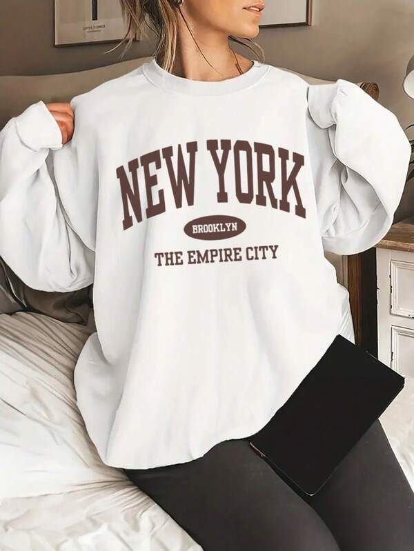 Women's Autumn And Winter NEW YORK Slogan Graphic Long Sleeved Crew Neck Sweatshirt ,Casual Loose And Versatile Holiday Style Tops,Fashionable Fall Women Clothes Suitable For Daily Wear