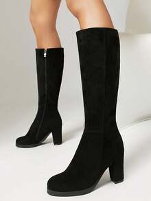 JIAOFEITI Giày bốt cao đến đầu gối mũi tròn đế xuồng chống thấm nước màu nâu, bốt thanh lịch dành cho nữ vào mùa thu/đông - đen - Xem 2