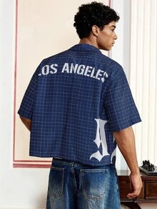 男士宽松字母格纹印花短袖梭织衬衫，街头潮流必备单品 - 藏蓝色 - 查看 2