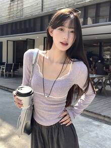 极简略性感紫色修身长袖T恤，秋冬叠穿单品蕾丝拼布甜美修身上衣，初秋可单穿 - 紫色 - 查看 8