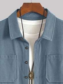 畅销轻薄灯芯绒男士休闲衬衫外套，翻领，纽扣前襟，长袖，双口袋设计，适合日常休闲、时尚简约外出、舒适居家及街头穿着，春季薄款长袖衬衫 - 霧霾藍 - 查看 5