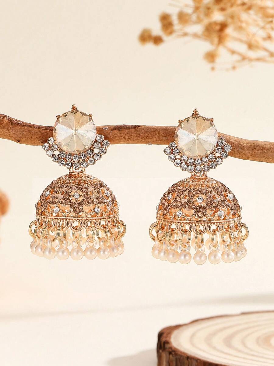 1 Paar luxuriöse Ohrringe, elegante Kristall-Strass-Ohrringe mit Kunstperle-Quasten, glamouröse Bollywood-Jhumki, geeignet für Frauen & Mädchen für den Alltag, Feste, Hochzeiten und Partys/Schmuckgeschenk