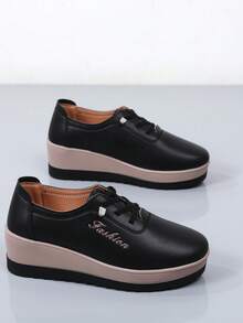 Fashionable Thick Sole Elastic Band Women's Shoes, Foil Print New Craftsmanship Platform Increase Height Make Legs Look Longer, Versatile Chunky Sole Slip-On Casual Shoes - Black - View 9