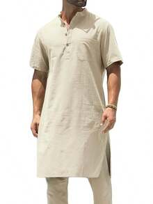 Mens Kurta Cotton Linen Henley Shirts Kaftan Short Sleeve Lounge Plain Gown Shirt-20256688 - 米色 - 查看 1