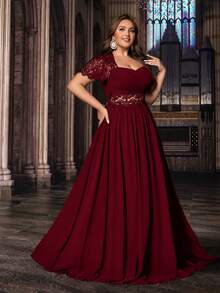 QOQ 高贵大码女士正式礼服优雅晚礼服派对礼服，适合生日派对、晚宴、婚礼宾客，蕾丝泡泡袖雪纺礼服，情人节 - 酒紅色 - 查看 5