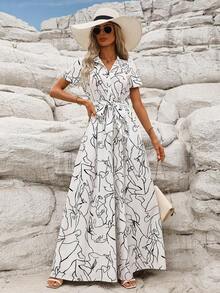 Elegante Monos y Palazzos De Mujer Con Estampado De Grafiti,Mono De Manga Corta Con Botones y Cinturón - Blanco - Ver 5