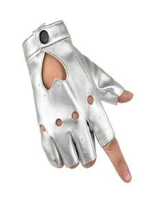 1 Pair Women's Fashion Y2K Fingerless Punk Leather Gloves, Suitable For Nightclub, Dancing, Cycling - Silver - View 2