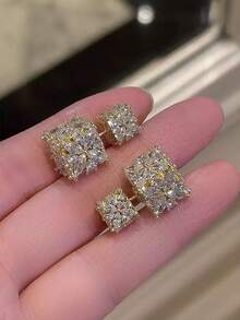 2pcs Elegant Square Cubic Zirconia Stud Earrings, Fashionable Four-Leaf Clover Design, Wedding Party Dress Earrings, Delicate Gift - Multicolor - View 5